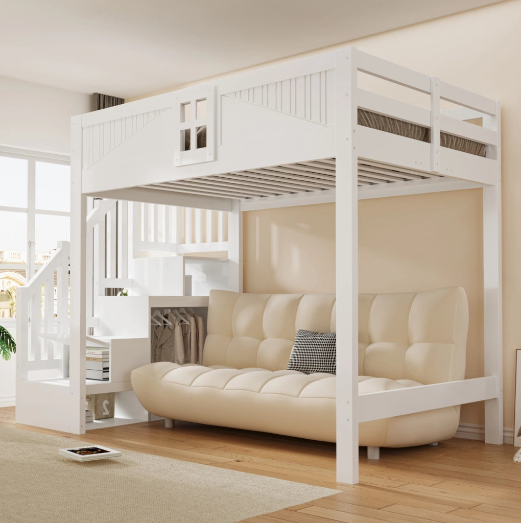 Letto a soppalco 140x200 cm in legno massello; bianco; con scala reversibile e spazio contenitivo