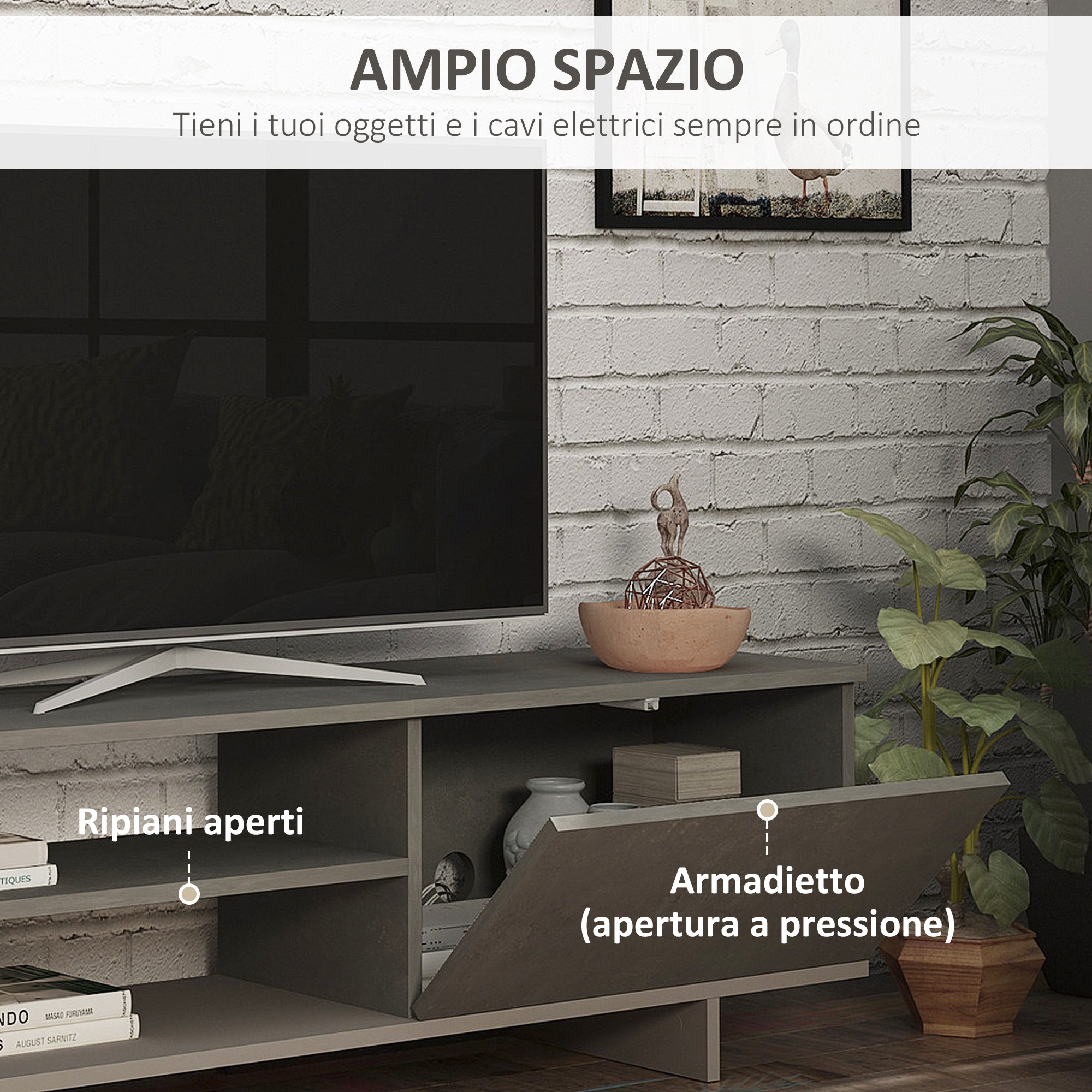 Mobile TV 160x35,6x44 cm con Armadietto e Mensola in Legno Grigio