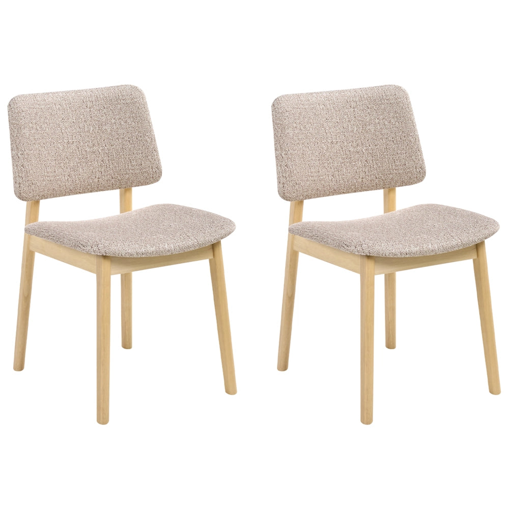 Set di 2 sedie da pranzo marrone chiaro e tortora con struttura in legno di gomma e seduta bouclé, design retrò senza braccioli