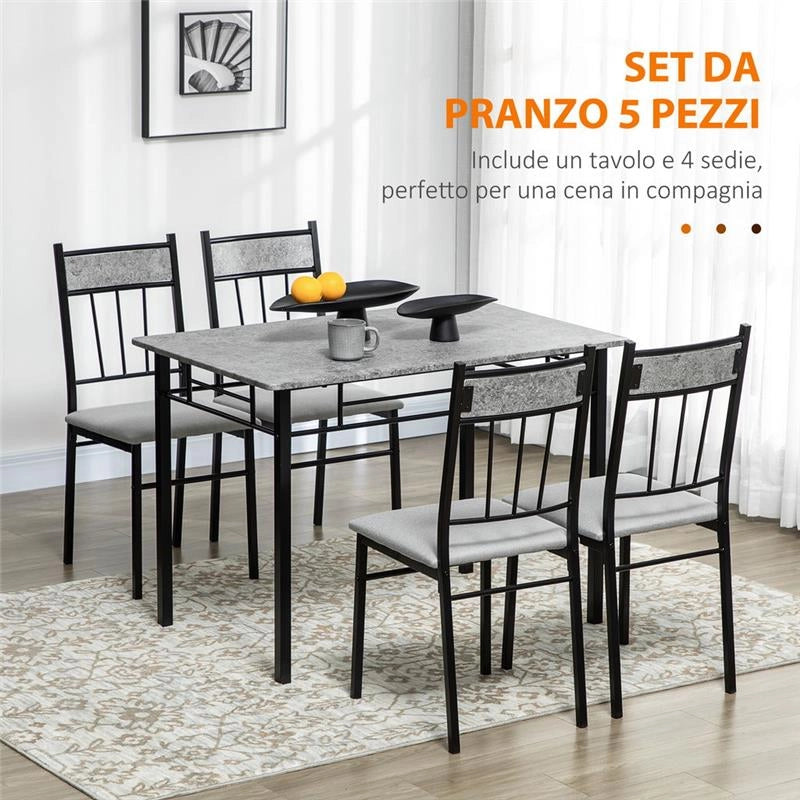 SET TAVOLO E SEDIE 5PZ, TAVOLO DA PRANZO RETTANGOLARE E 4 SEDIE GRIGIO E NERO