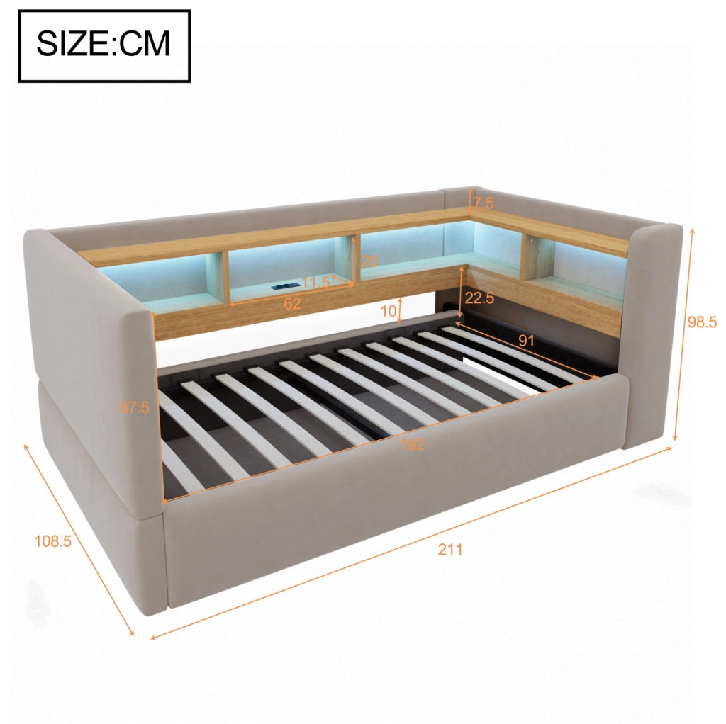 Divano letto 90x190 cm con contenitore idraulico; LED e prese in flanella grigio scuro