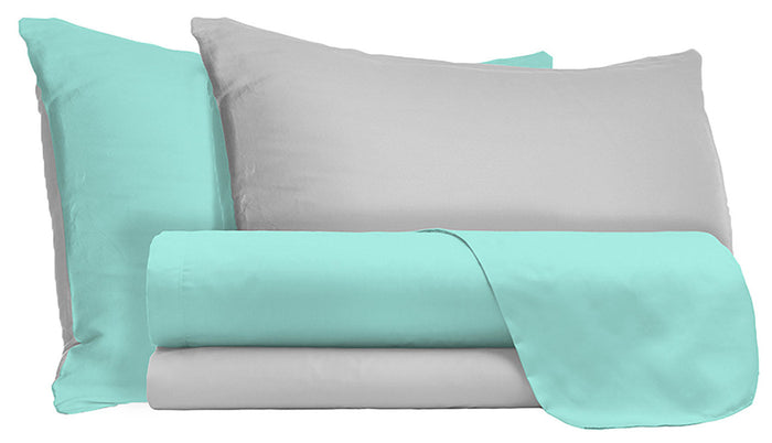 Set Lenzuola 1 Piazza e Mezzo Sopra Sotto e Federe Doubleface Verde Acqua/Grigio Chiaro