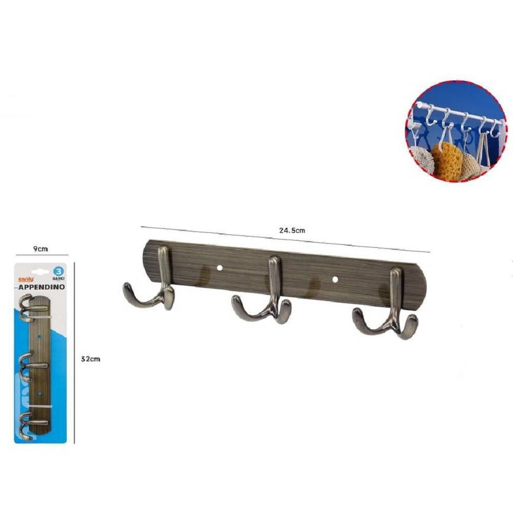 Trade Shop - Appendino Multiuso A 3 Ganci Finitura Bronzo Spazzolato Lunghezza 24.5 Cm 52914 -