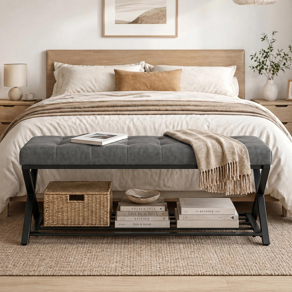 Panca ingresso con ripiani e appendiabiti, imbottita in similpelle ¨C Xylo ¨C 112x37x47 cm, grigio scuro