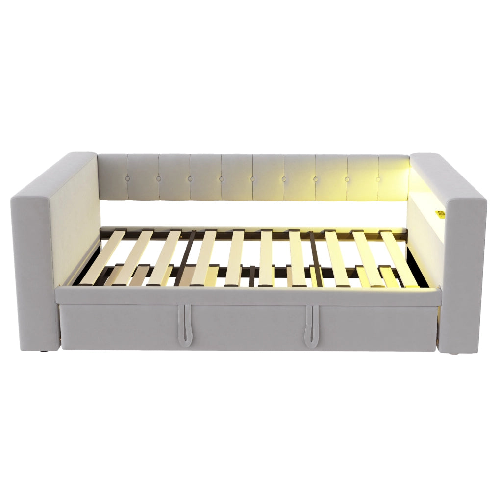 Divano letto multifunzione grigio chiaro 90/180x190 cm con LED
