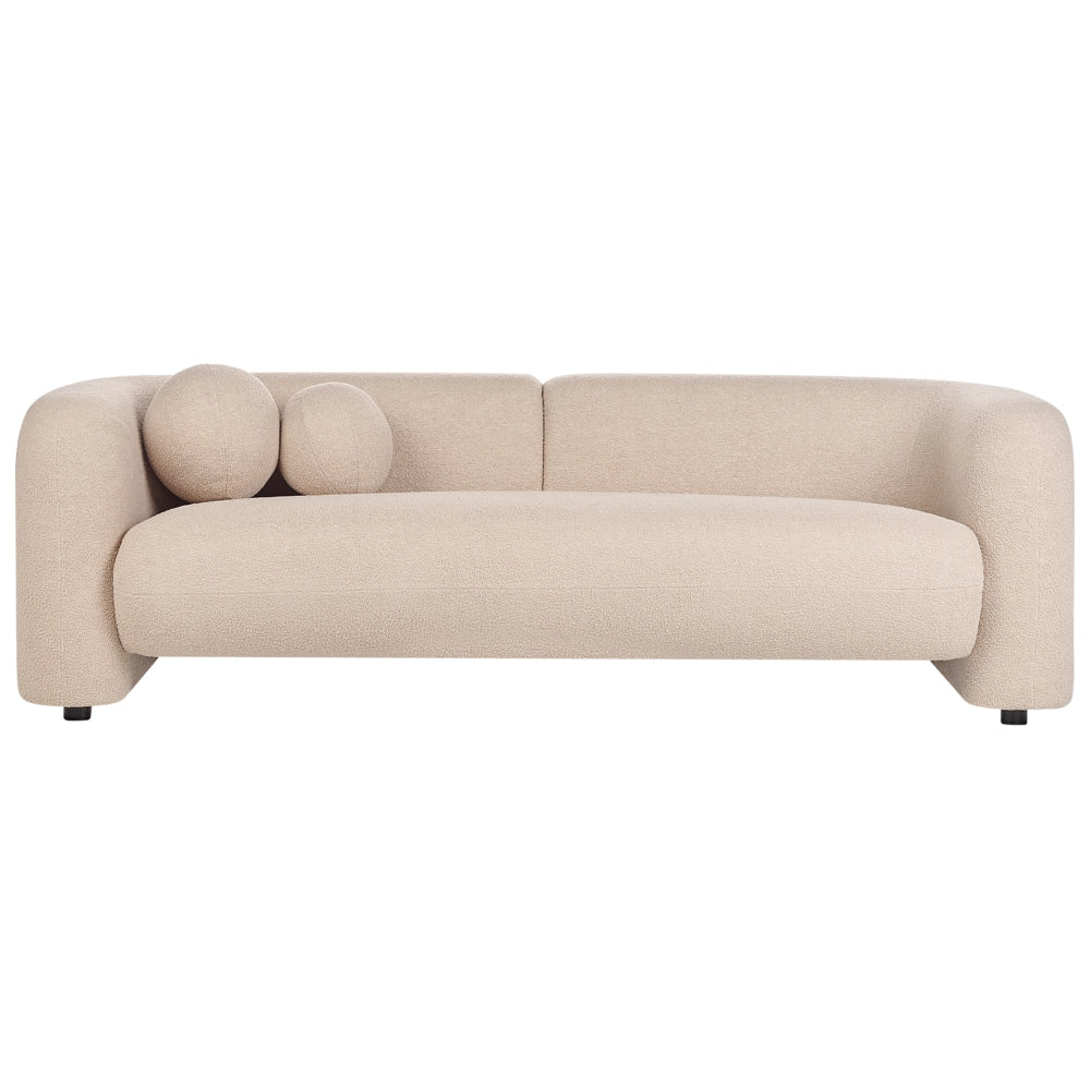 Set da salotto composto da divano e poltrona in bouclè beige 4 posti con cuscini aggiuntivi stile glamour retrò soggiorno
