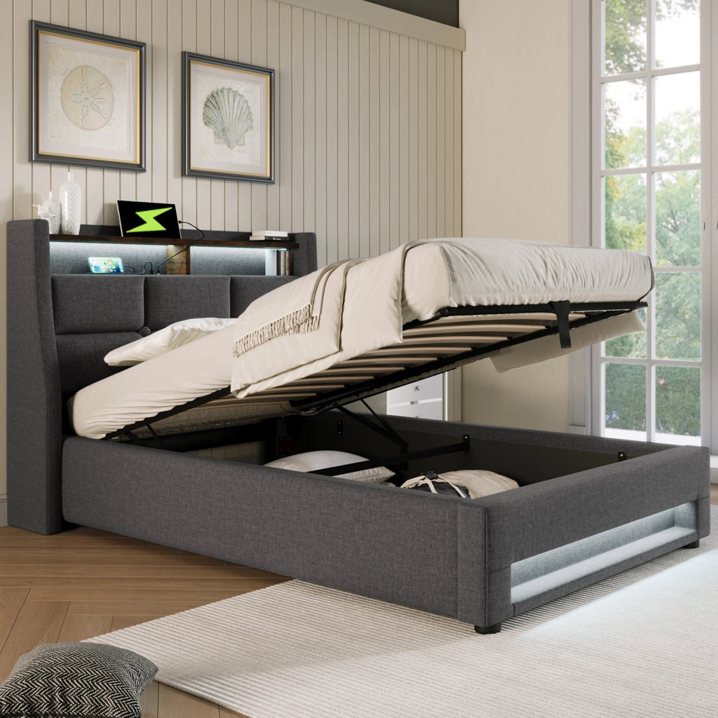 LETTO imbottito 90x200 cm grigio con LED, USB e struttura in lino