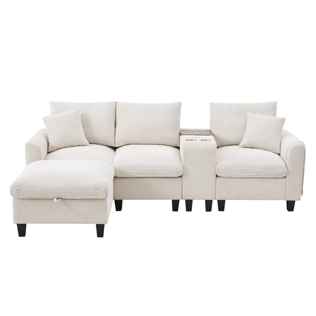 Divano angolare modulare a L in tessuto corduroy beige con consolle, poggiapiedi contenitore e cuscini