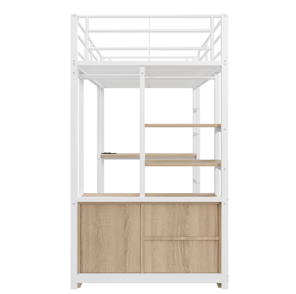 Letto a soppalco 90x200 cm con scrivania, ripiani e presa USB, bianco
