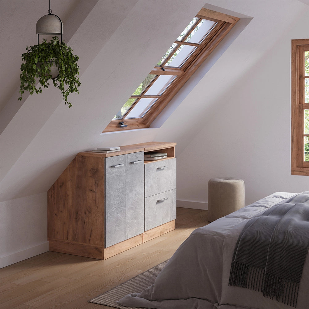 Set di mobili sottotetto Rion Calcestruzzo/Rovere dorato 120 cm Set di 2 carcasse armadio profondità 60 cm Vicco