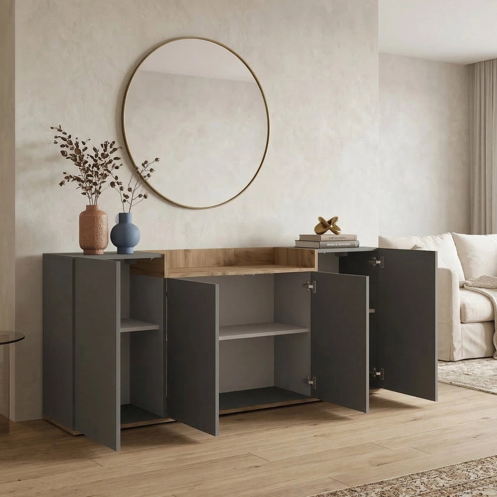 Madia Swink, Credenza 6 Ripiani Made in Italy, 160x35x70h cm Nero Antracite