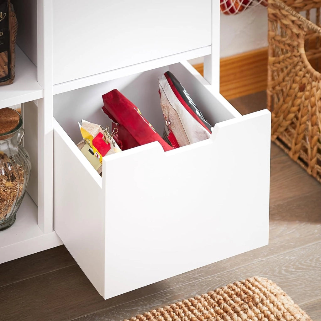 Carrello Cucina con Ruote Salvaspazio per Piccoli Spazi, Mobiletto Cucina con Cassetti e Ripiani, Carrello con Ruote Portatutto da Cucina, Isola Cucina Compatta Bianco 53x37x89 cm FKW111-WN