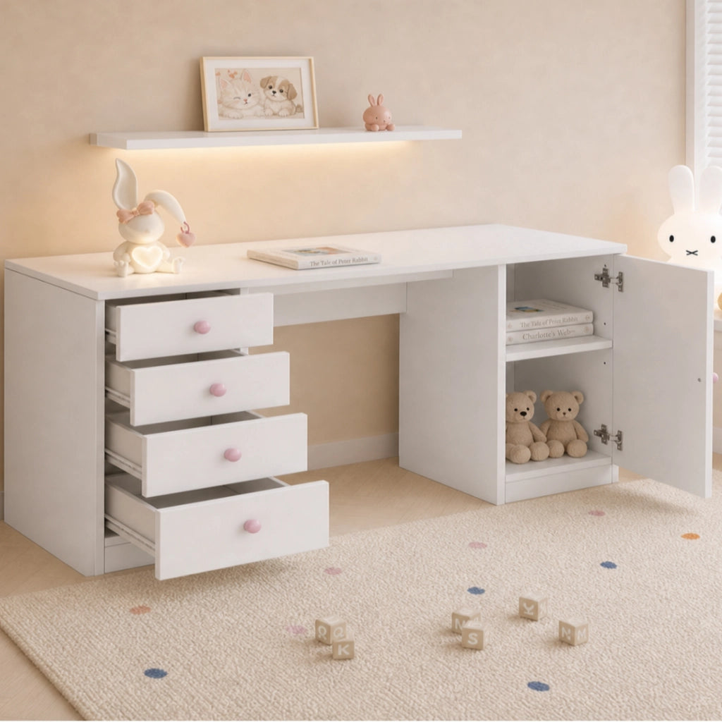 Scrivania con 4 cassetti e armadio laterale in MDF bianco
