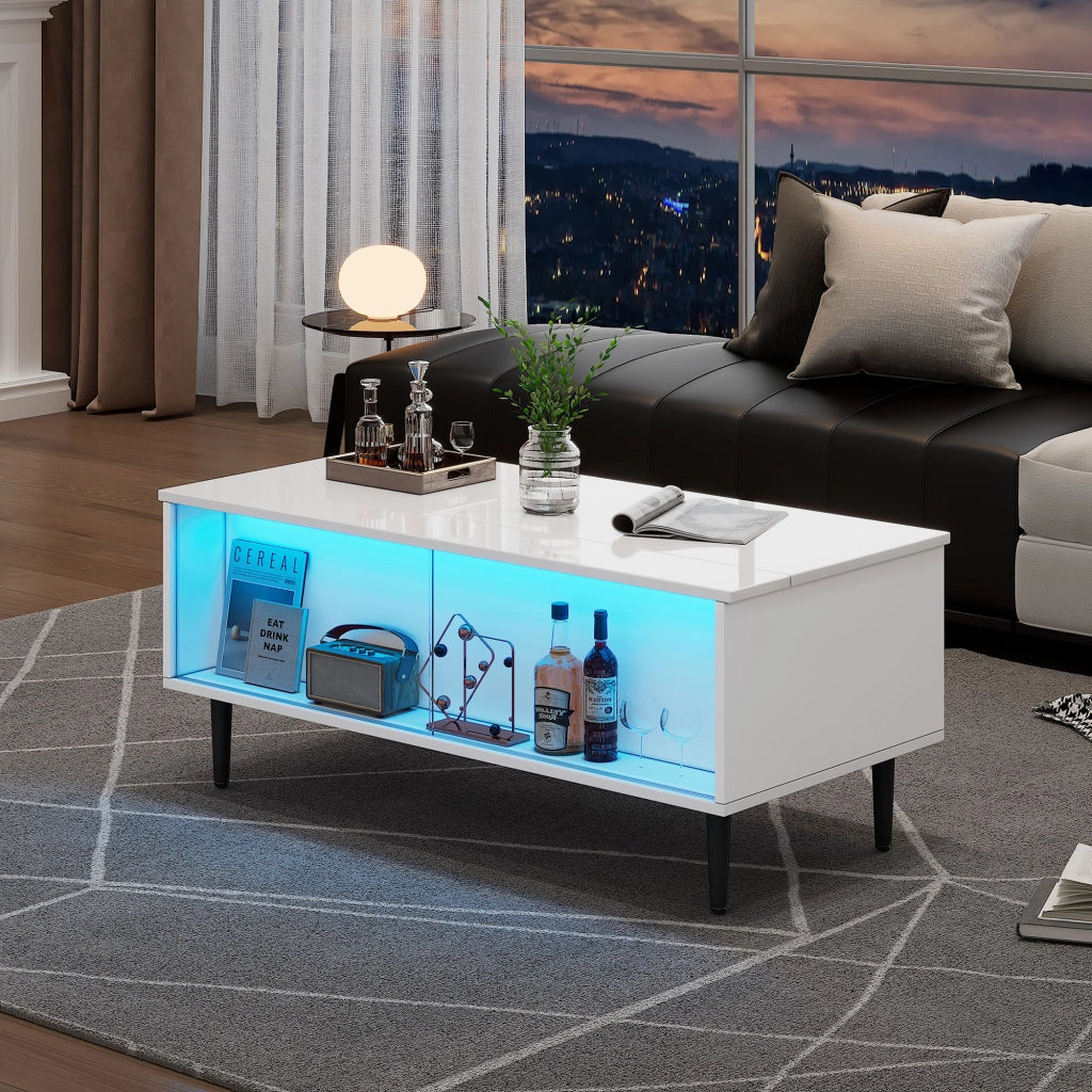 Tavolino da caffè alzabile con LED e vani contenitore - per soggiorno - 105×50×43 cm - bianco