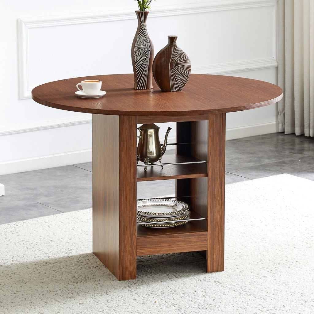 Tavolo da pranzo rotondo con vani aperti in MDF effetto noce, per 4-6 persone, per cucina e sala da pranzo, 100 × 76 cm