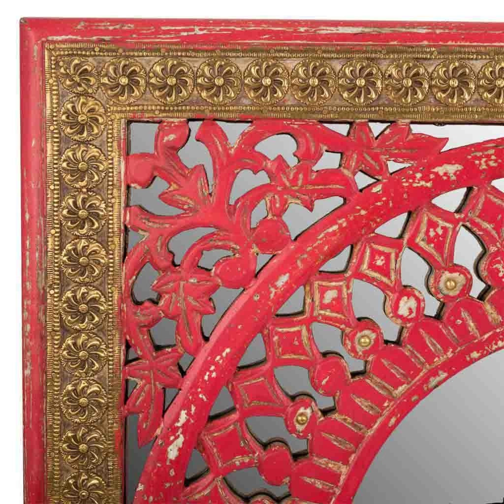 Specchio in legno rosso fatto a mano 60,5x1,5x60,5 cm