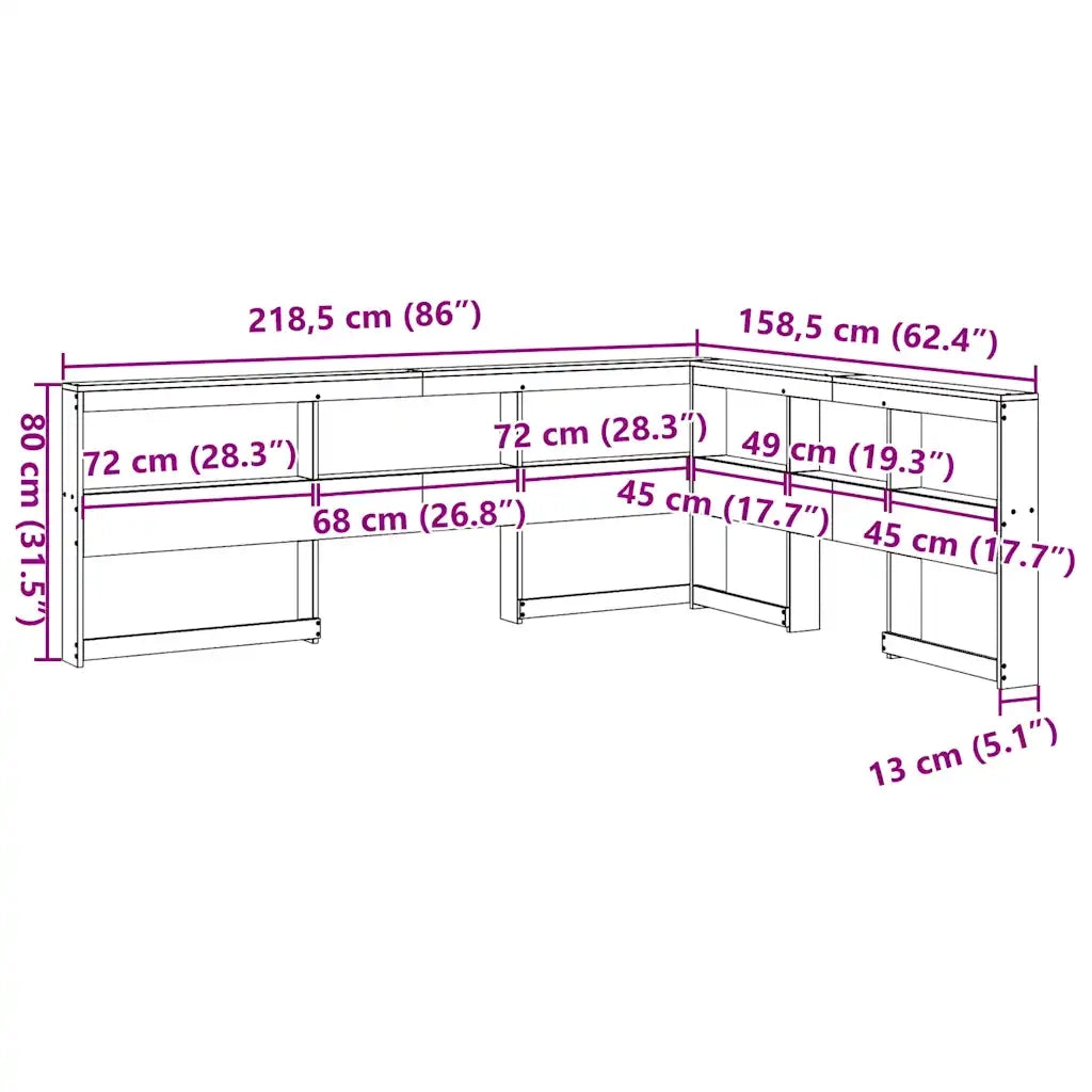 Testiera libreria a L-Testata contenitore Bianca 140 cm in Legno Massello di Pino 157987