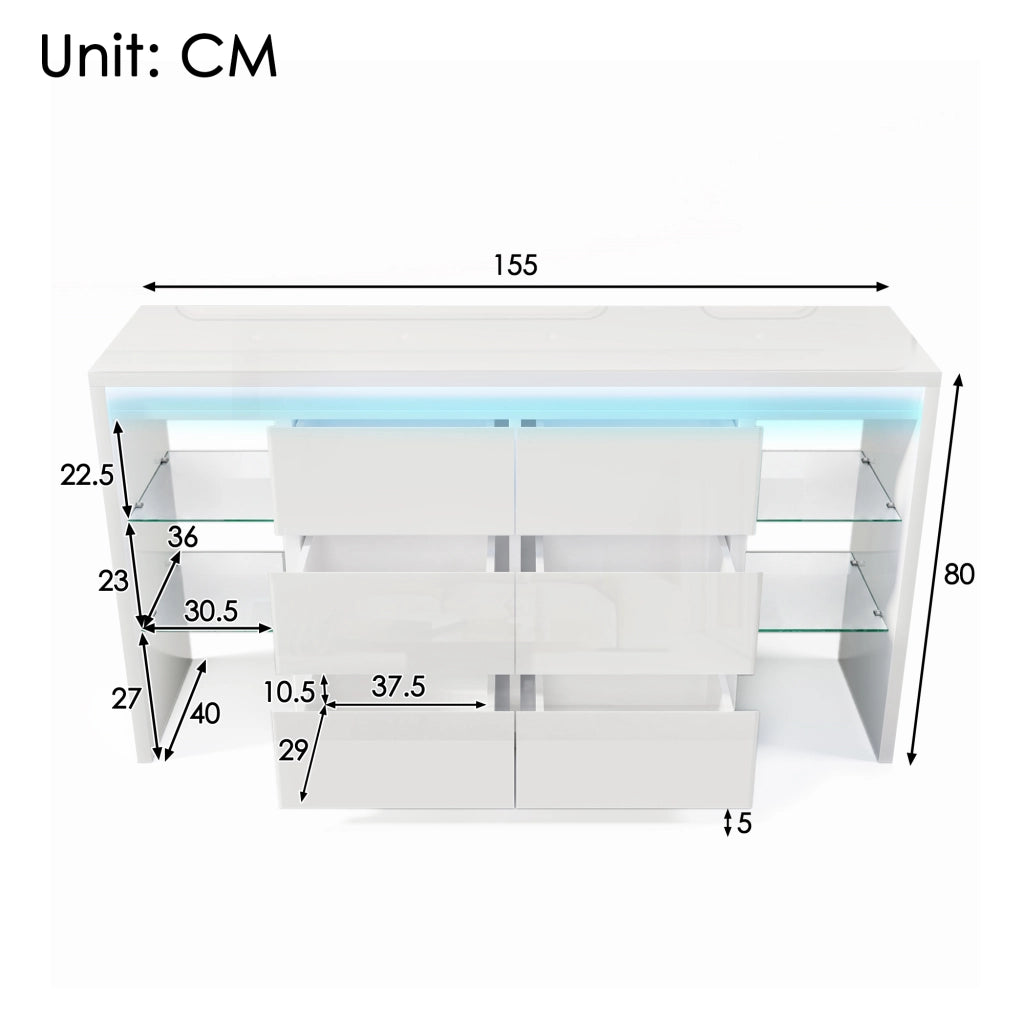 Comodino lucido, credenza da sala da pranzo, illuminazione a LED, 6 cassetti, 4 ripiani in vetro, 155 x 40 x 80 cm, bianco