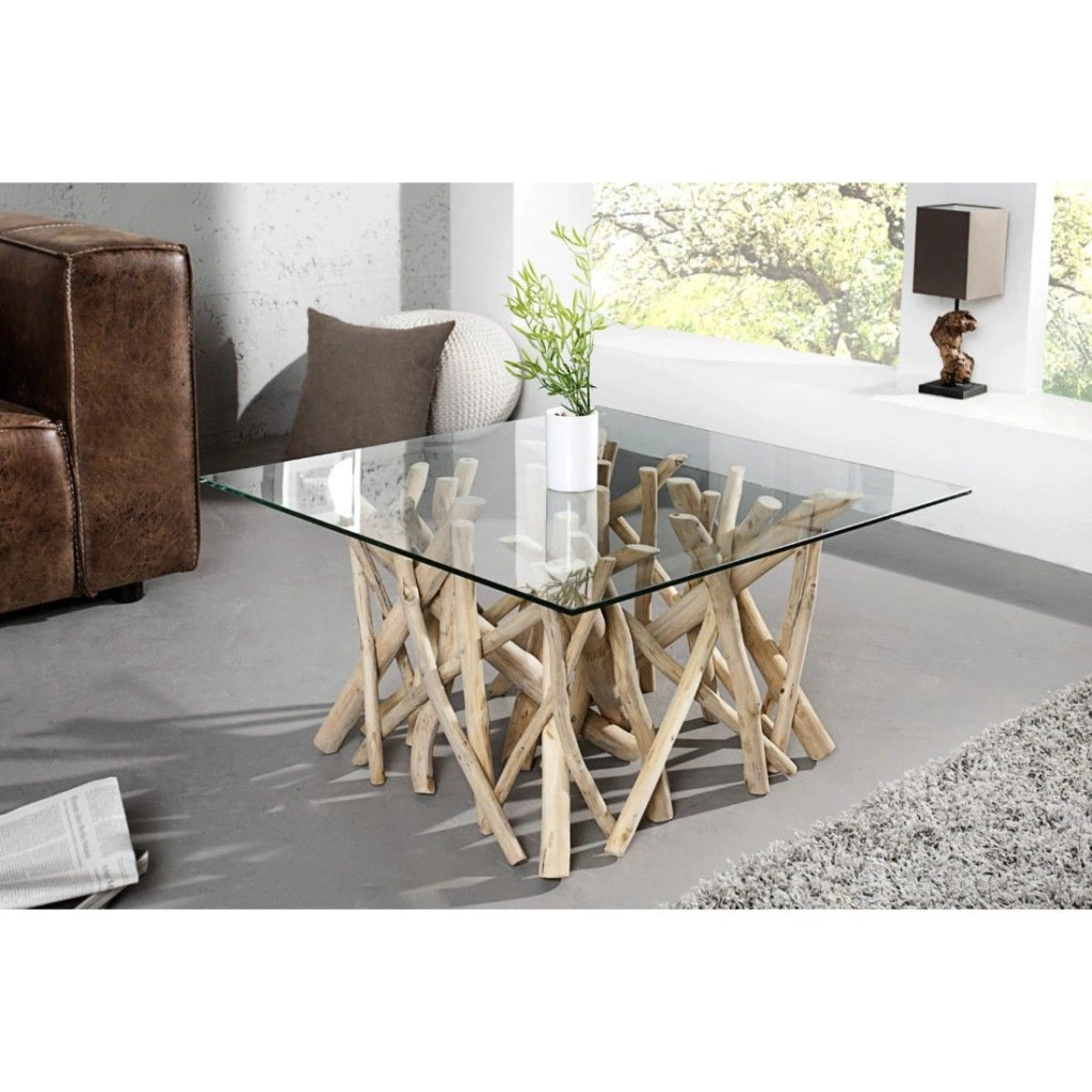 Tavolino basso WOODEN quadrato 80 cm – Tavolino design in legno di galleggiamento e vetro temperato