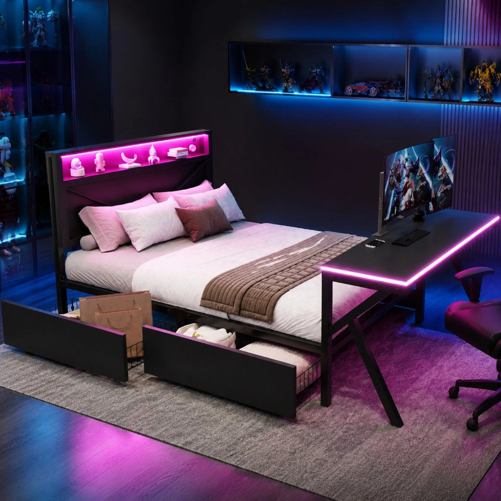 Letto gaming a piattaforma 140x200 cm con testiera LED; scrivania LED e 2 cassetti; nero