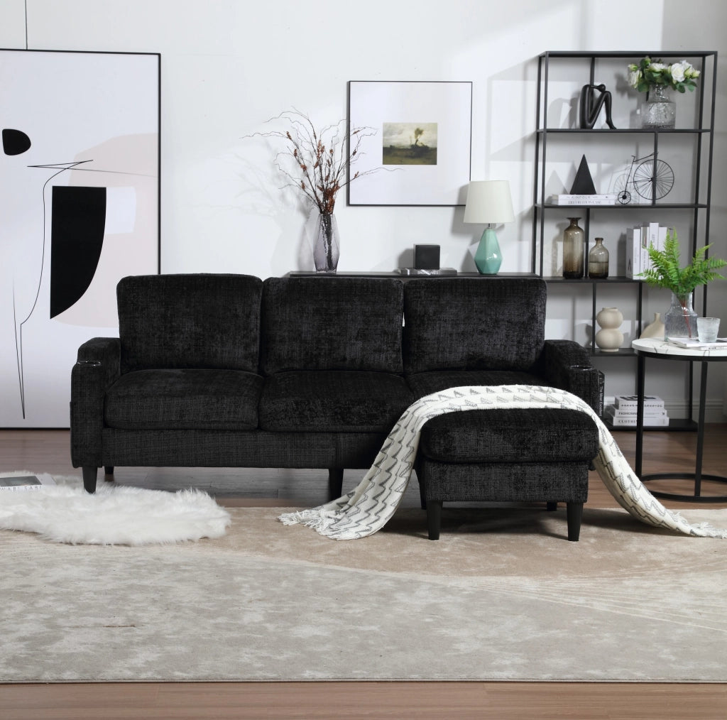 Divano 4 posti con pouf contenitore in chenille nero; porta-bevande e tasche laterali HOMVRA