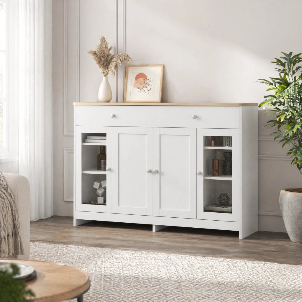Sideboard rustico 120 cm con 2 cassetti; 4 ante e ripiani regolabili; bianco e legno