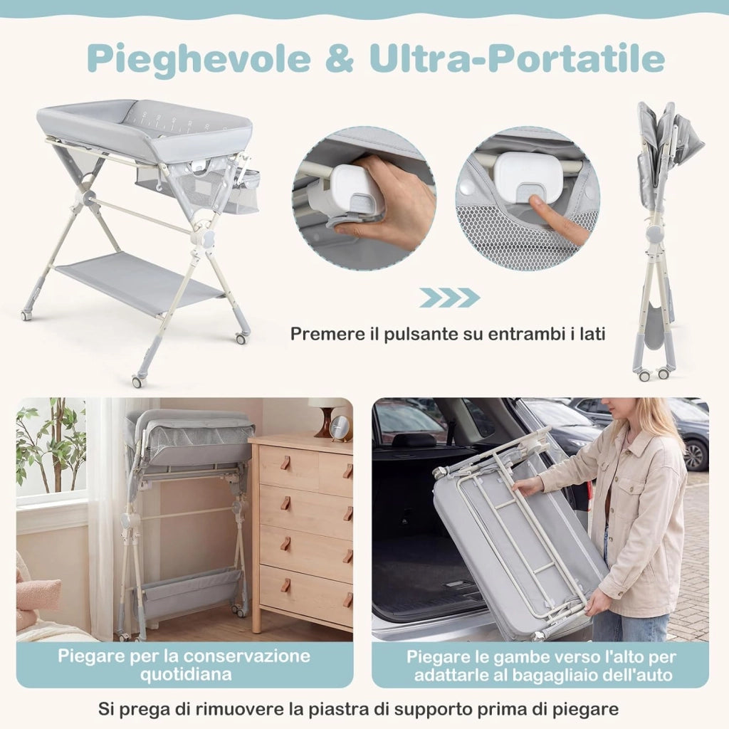 Fasciatoio Pieghevole per Bambini, Fasciatoio Portatile con Ruote, Altezza Regolabile, Piattaforma Rimovibile, con Barra Giocattoli, Stendino, Misuratore, Cestini, Portata 25 kg