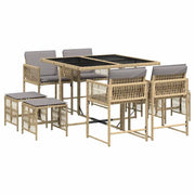 Set Pranzo da Giardino 9 pz | Set Salotto da Giardino con Cuscini Beige Misto Polyrattan
