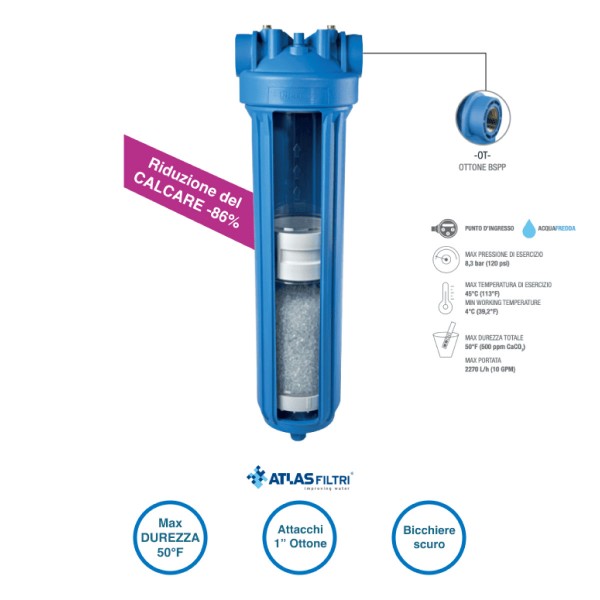 SISTEMA FILTRO PER ACQUA ANTICALCARE SCALEARMOR ROCK - IN/OUT - 1 OTTONE BSPP - PORTATA MAX 2270 L/H.  - ATL