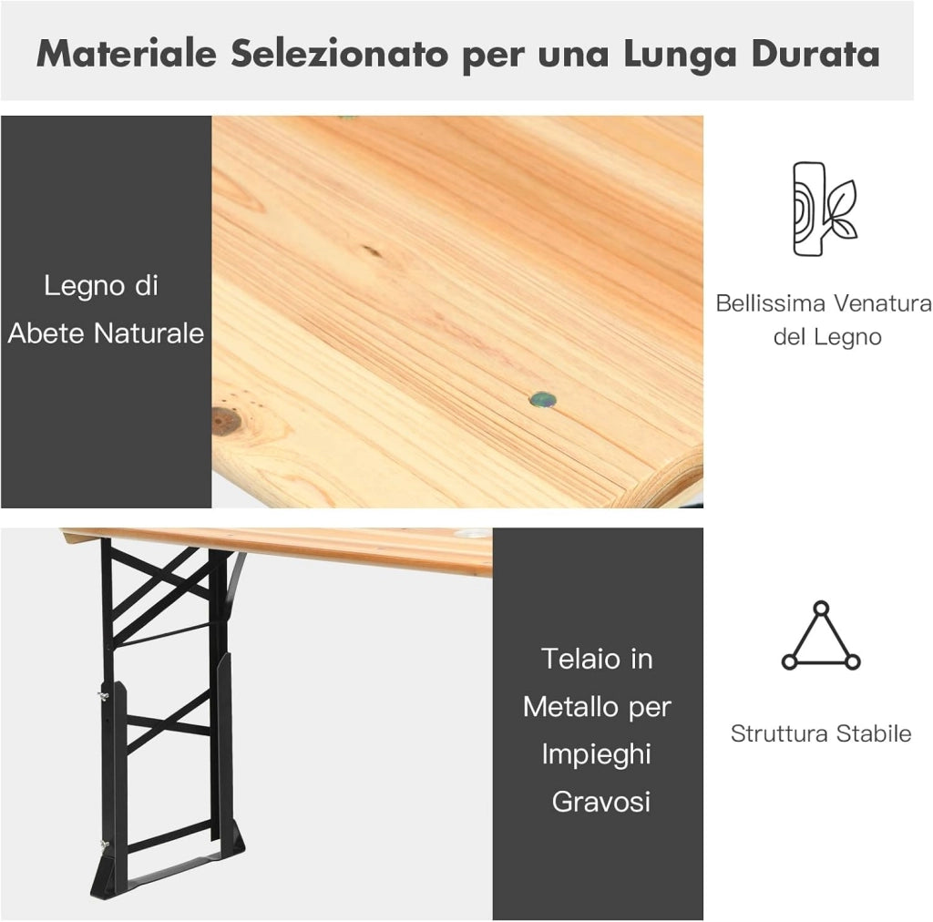 Tavolo da Picnic Pieghevole, Tavolo da Campeggio in Legno, con Altezza Regolabile, con Foro per Ombrellone, 168,5 x 50 x 75/105 cm, Portata 50 kg