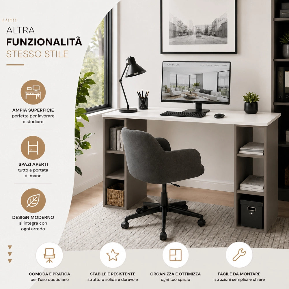 Scrivania Libreria 6 Ripiani Tavolo Porta Pc Computer Legno Casa Ufficio Tortora