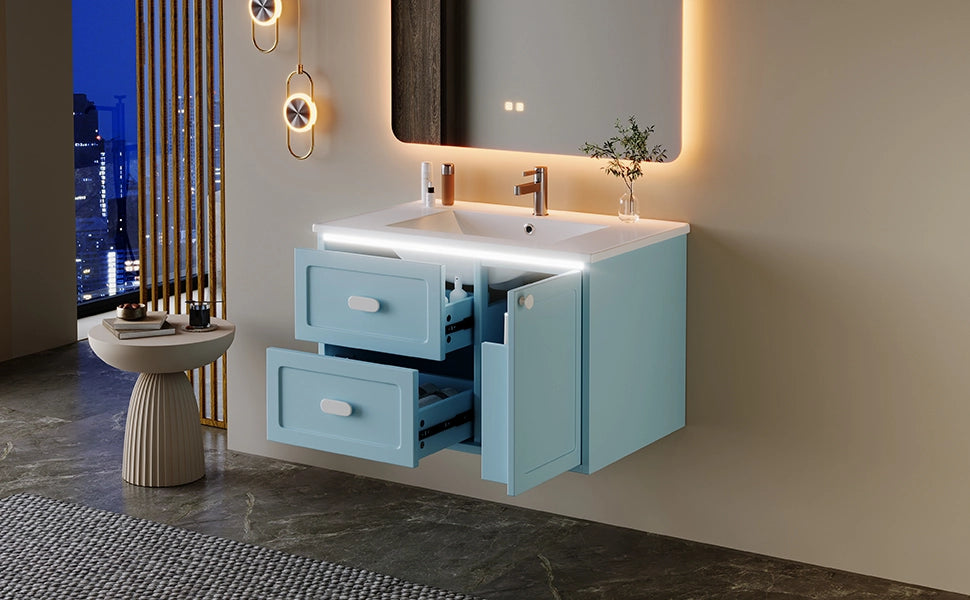 Mobile sottolavabo con lavabo in ceramica, LED a sensore radar, 2 cassetti e vano, per bagno, blu, 76 × 46 × 51 cm