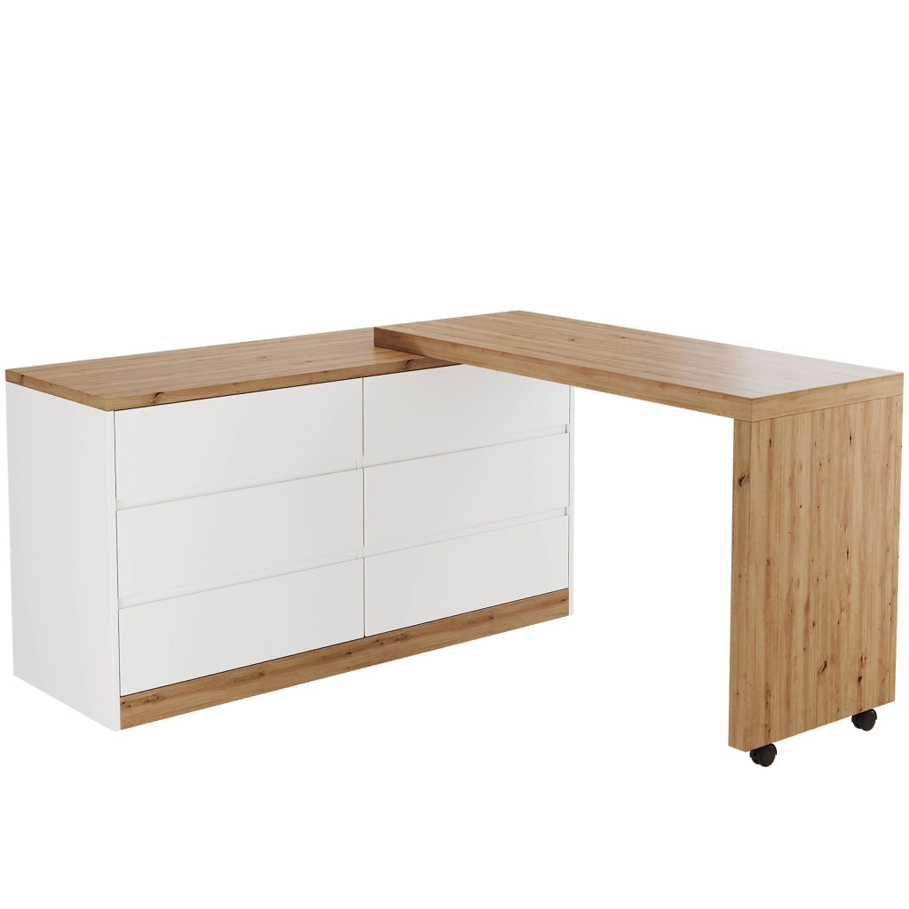 Scrivania girevole 2 in 1 con sideboard, 120 x 50 cm, 6 cassetti, bianco/effetto rovere, struttura in truciolare