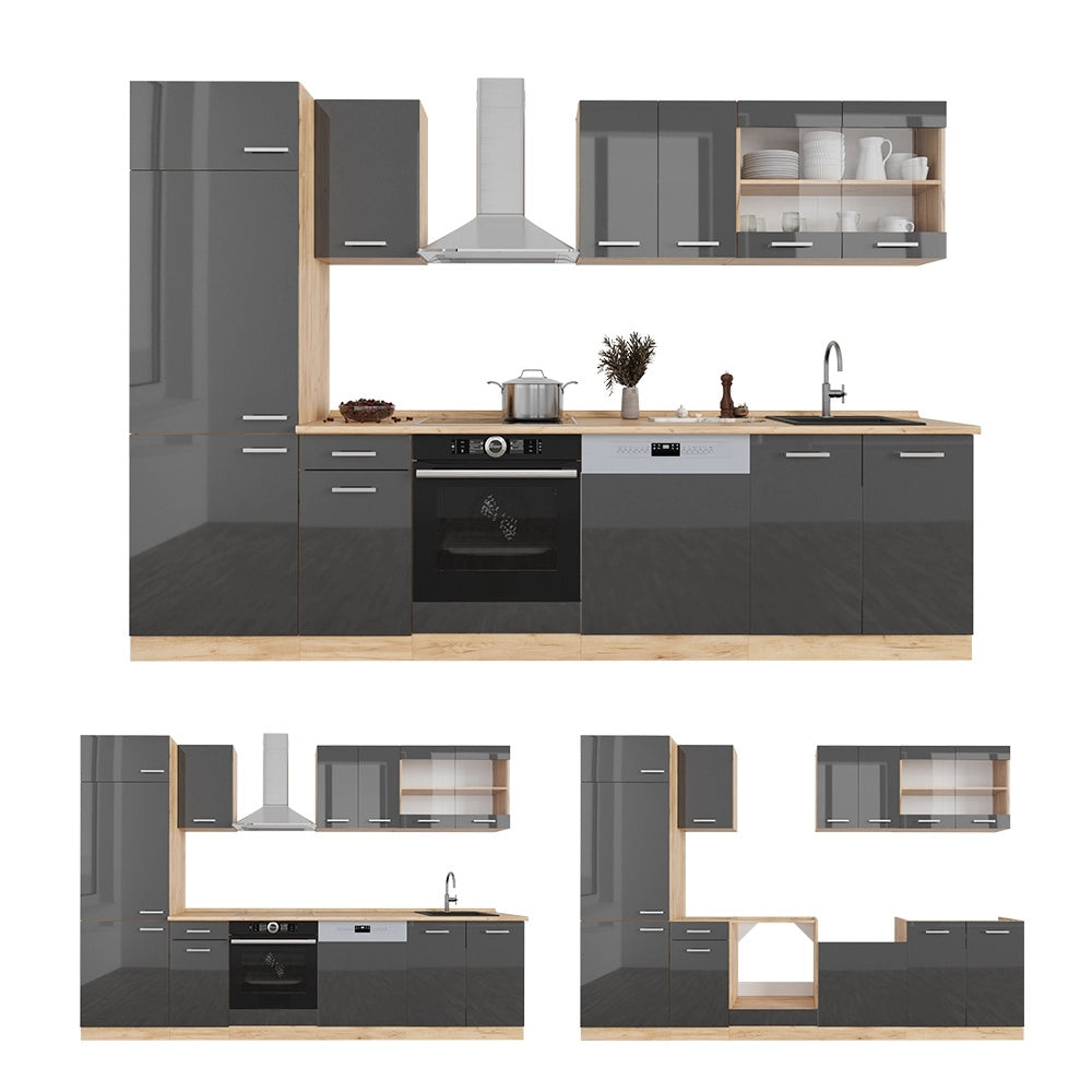 Cucina componibile R-Line Antracite lucido/Rovere dorato 300 cm, PL Rovere Vicco