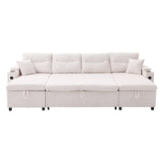 Divano 4 posti con chaise longue; contenitore; portabicchieri e USB in velluto a coste beige