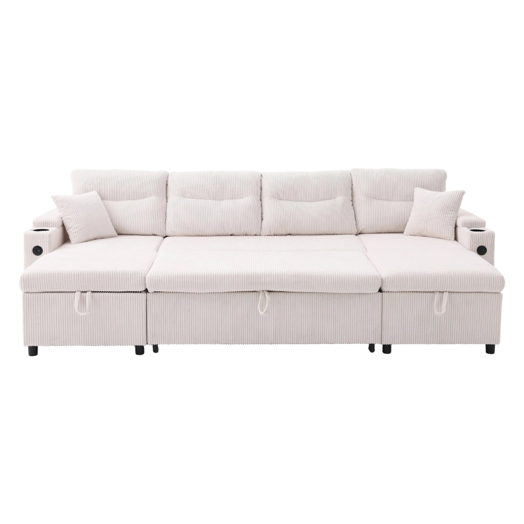 Divano 4 posti con chaise longue; contenitore; portabicchieri e USB in velluto a coste beige