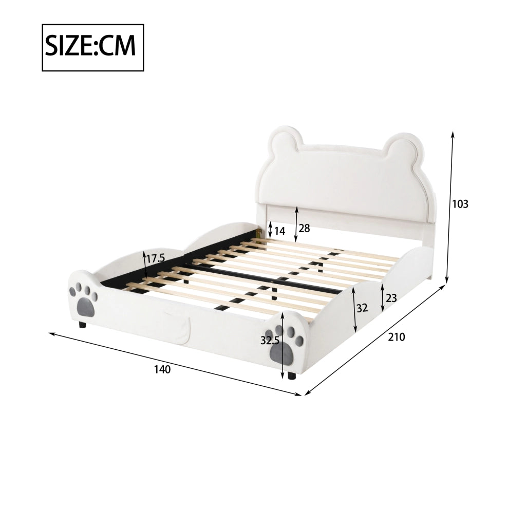 DESMIU Letto per bambini 140 × 200 cm 2 posti con testiera a forma di orso, senza materasso, imbottito, bianco
