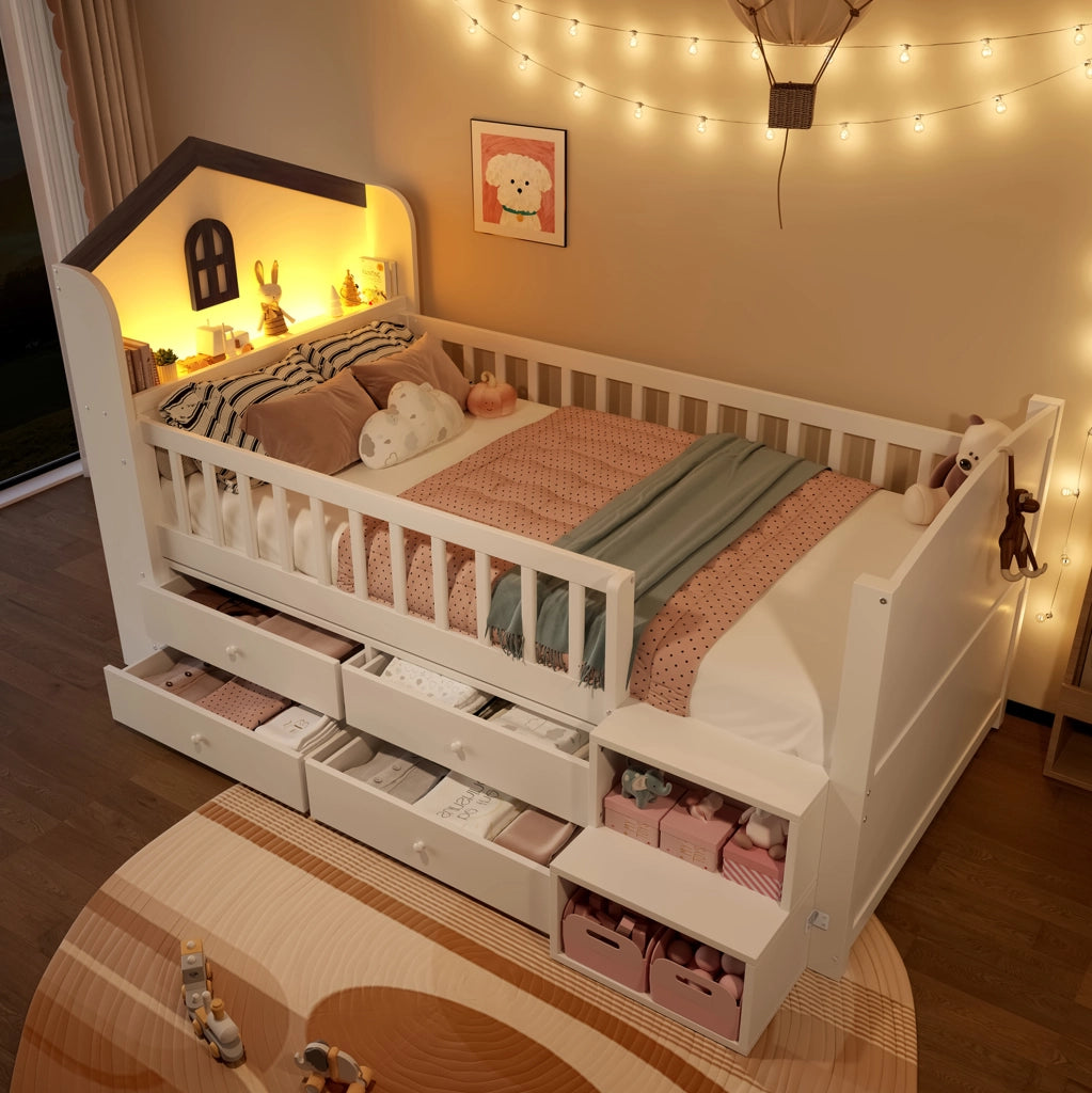 Letto semi-alto per bambini 90x200 cm a casetta con LED e 4 cassetti