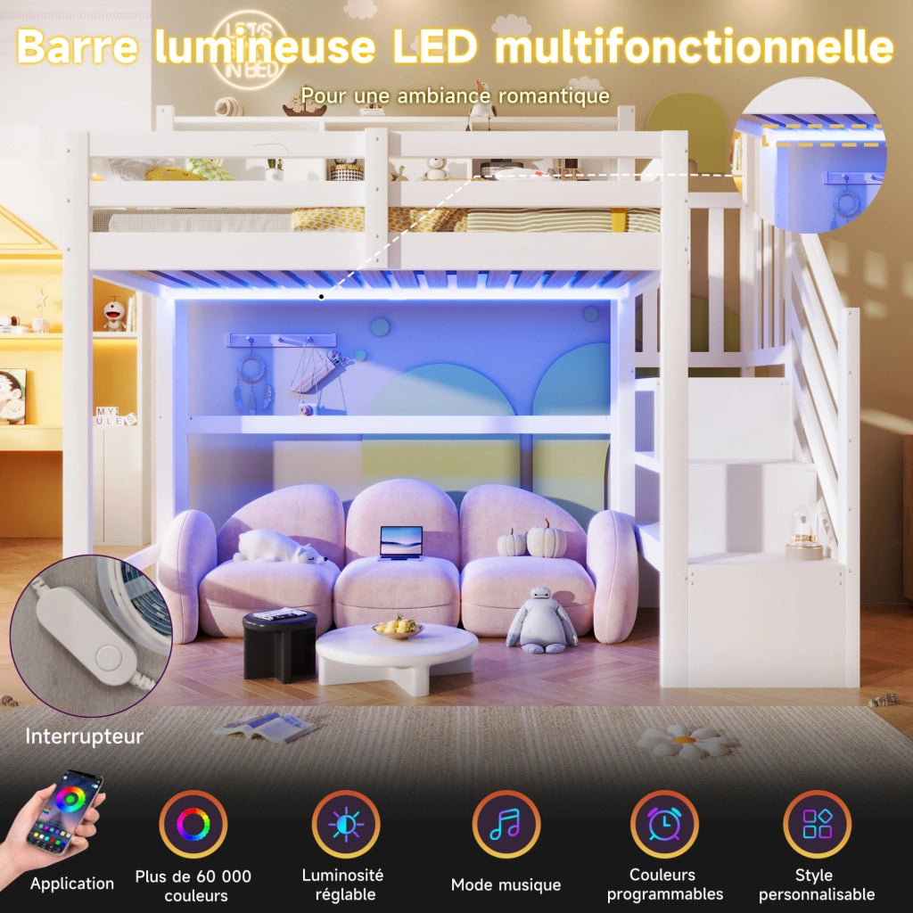 Letto a soppalco per bambini 90x200 cm con LED e scala contenitore
