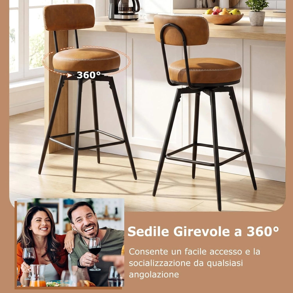 Set di 2 Sgabelli Girevoli, Sedie da Bar Moderne con Schienale Imbottito, Poggiapiedi e Gambe in Metallo, Sgabelli Imbottiti in Similpelle per Isola Cucina e Sala da Pranzo (Marrone, Rotondo)