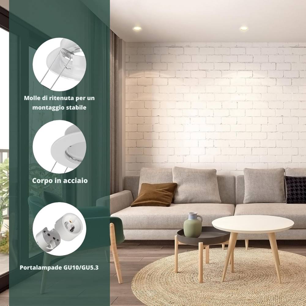 Kit incasso faretti led gu10 con portalampada e supporti tondi per interno