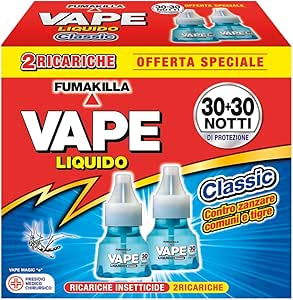 Vape, Bipacco Ricarica Liquida 30 notti + 30 notti,Efficace contro le Zanzare Comuni e Tigre, 18 ml + 18 ml