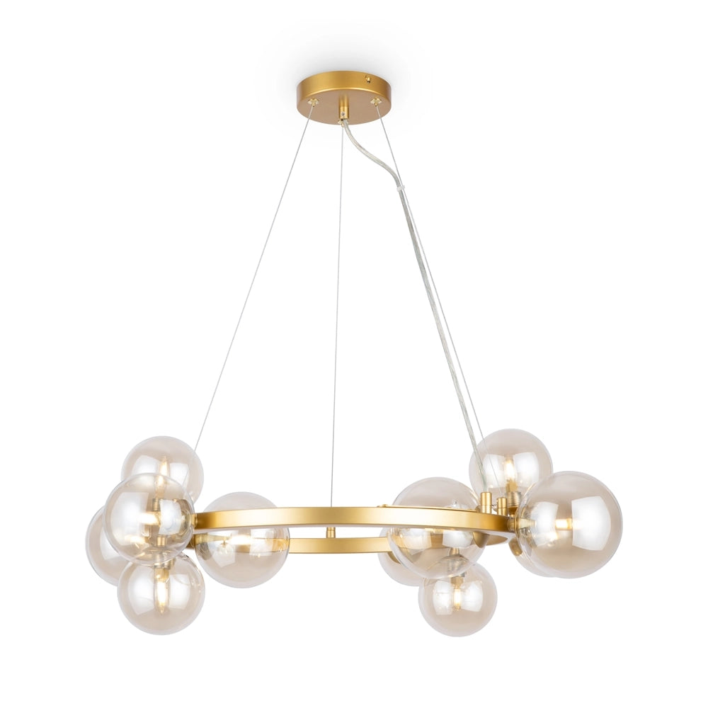 Lampadario Contemporaneo Dallas Metallo Oro 11 Luci Diffusori Vetro Cognac