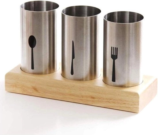 Porta utensili - cesta in acciaio inossidabile con base in legno - per forchette coltelli cucchiai - per uso domestico o ristoranti - 3 contenitori per utensili