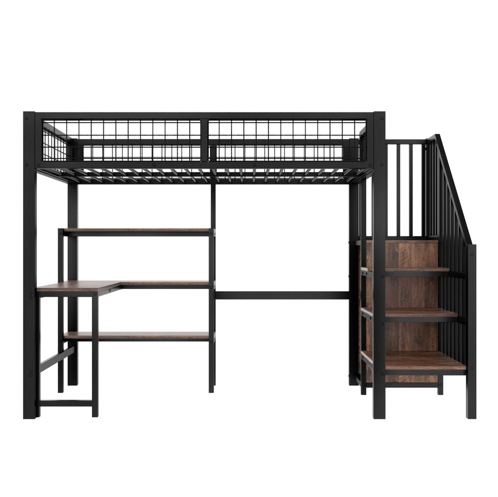 Letto a soppalco 90x200 cm con scrivania; scaffali e armadio in MDF e metallo nero e marrone