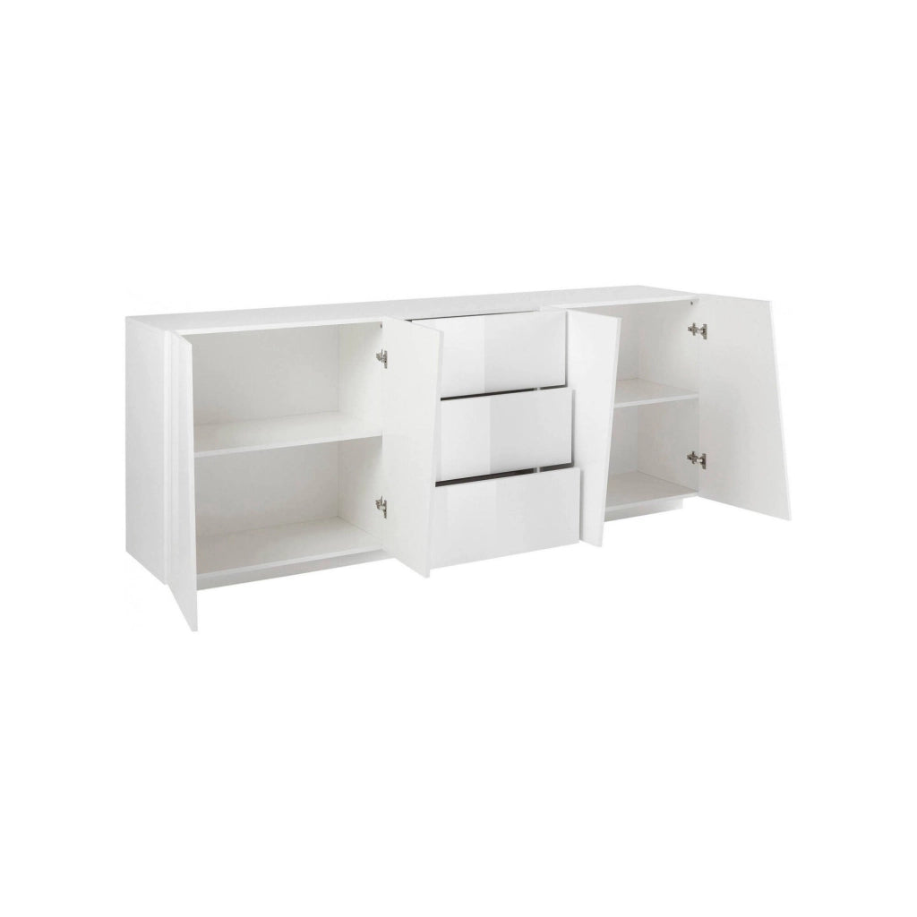 Credenza moderna a 4 ante e 3 Ayrton, Made in Italy, Madia da cucina, Buffet di design da soggiorno, cm 220x43h86, Bianco lucido