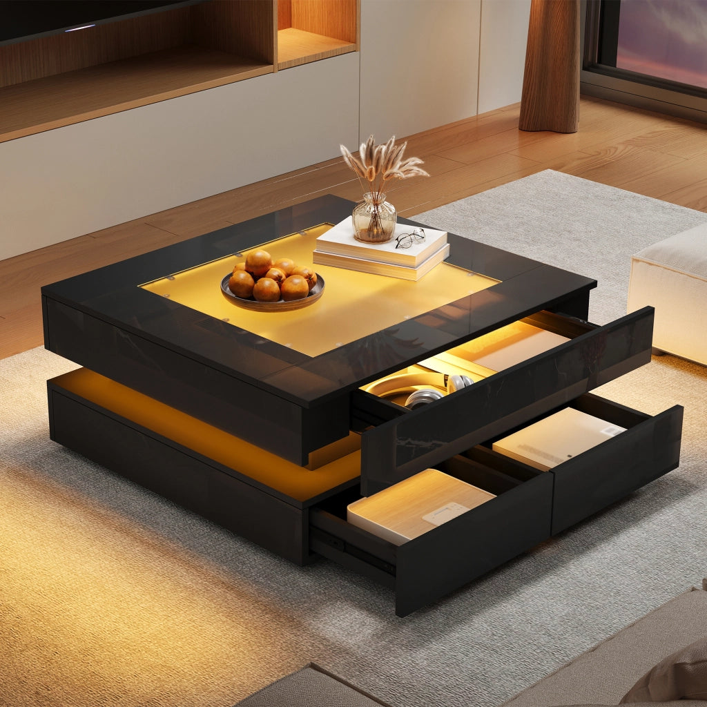 Tavolino basso con LED, 3 cassetti e piano in vetro temperato, finitura lucida, per soggiorno, nero, 70 × 70 × 35 cm