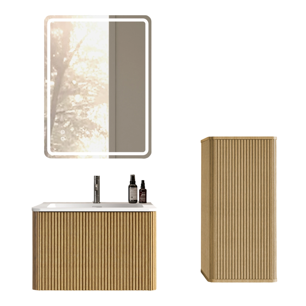 Ensemble de meubles de salon Mobile lavabo e armadietto laterale con specchio LED, in MDF colore rovere