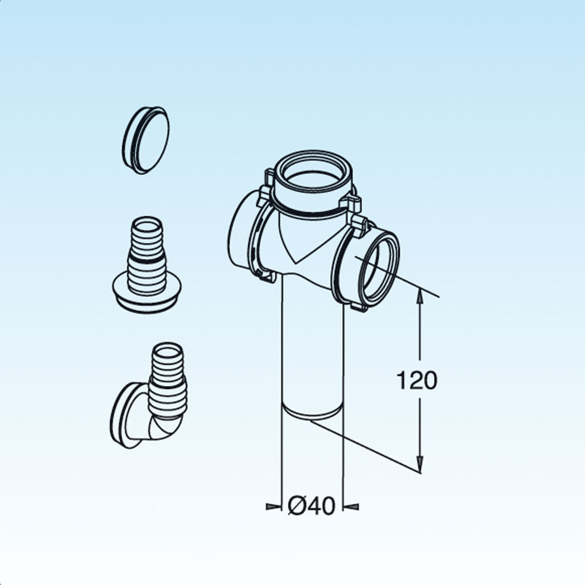 RACCORDO 3 VIE DIAM. 40 CON ATTACCO LAVATRICI E LAVASTOVIGLIE 120MM- Diam. 40 x 120mm- LIRA