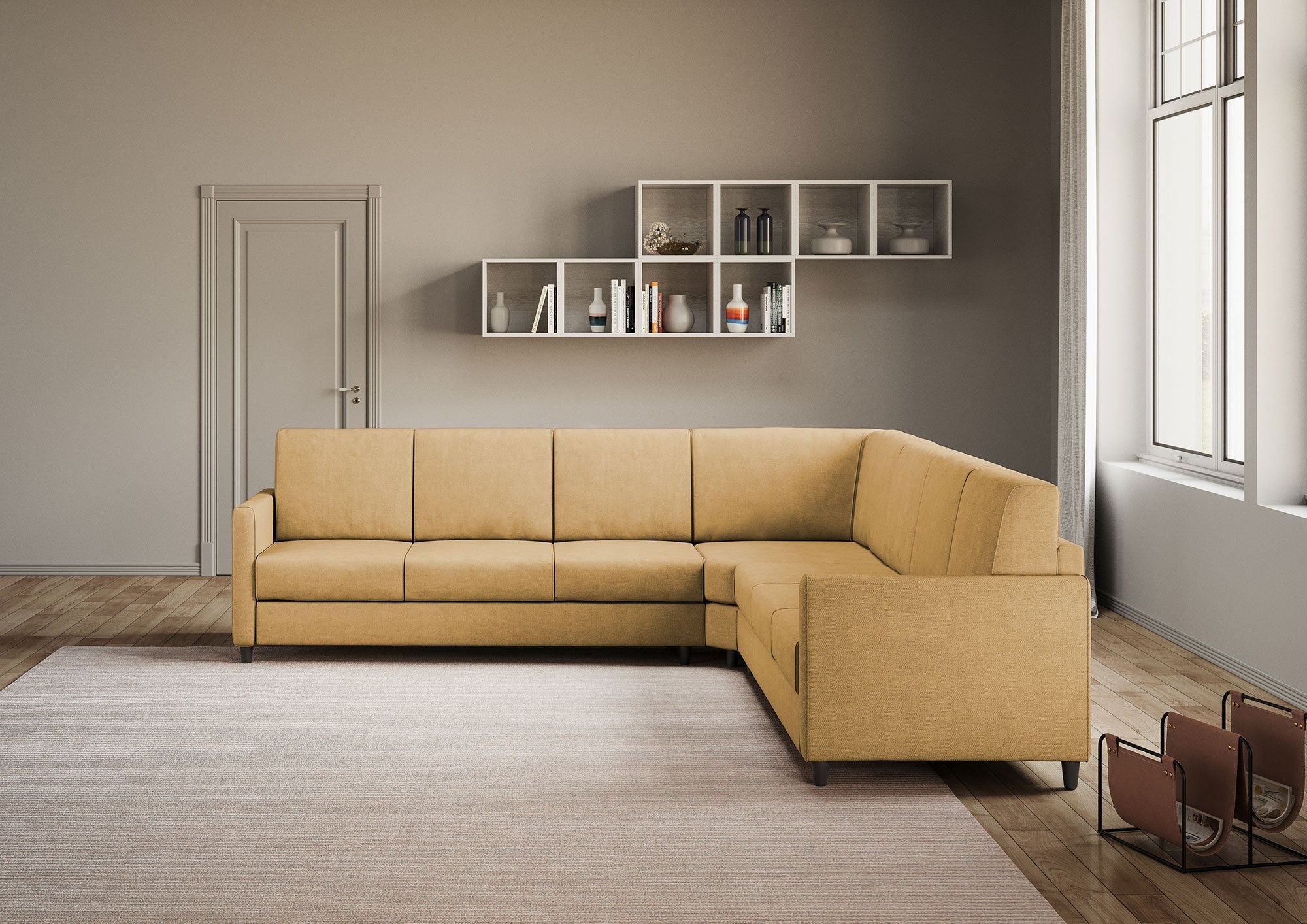 Divano Angolare 7 Posti 281x281x85 cm Karay in Tessuto Ocra